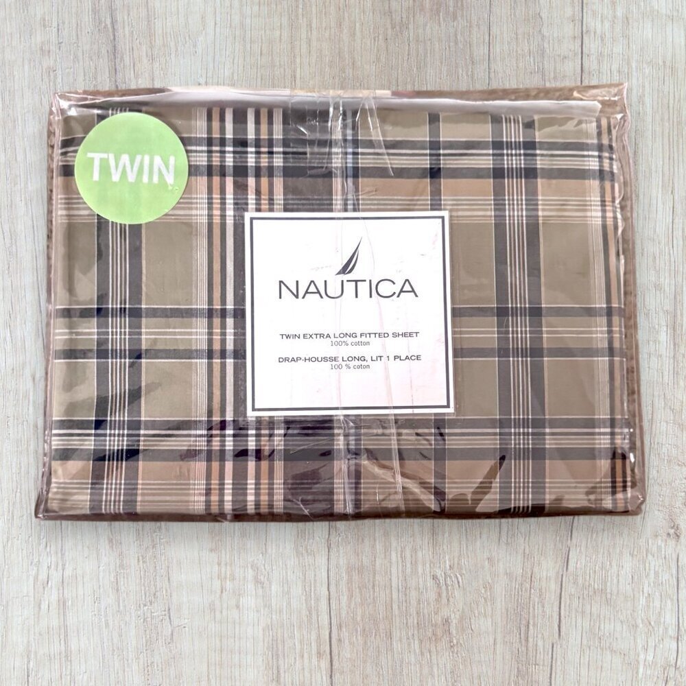NEW Vintage NAUTICA Yard Dyed Compass Plaid Twin XL Extra Long Fitted Sheet NIP